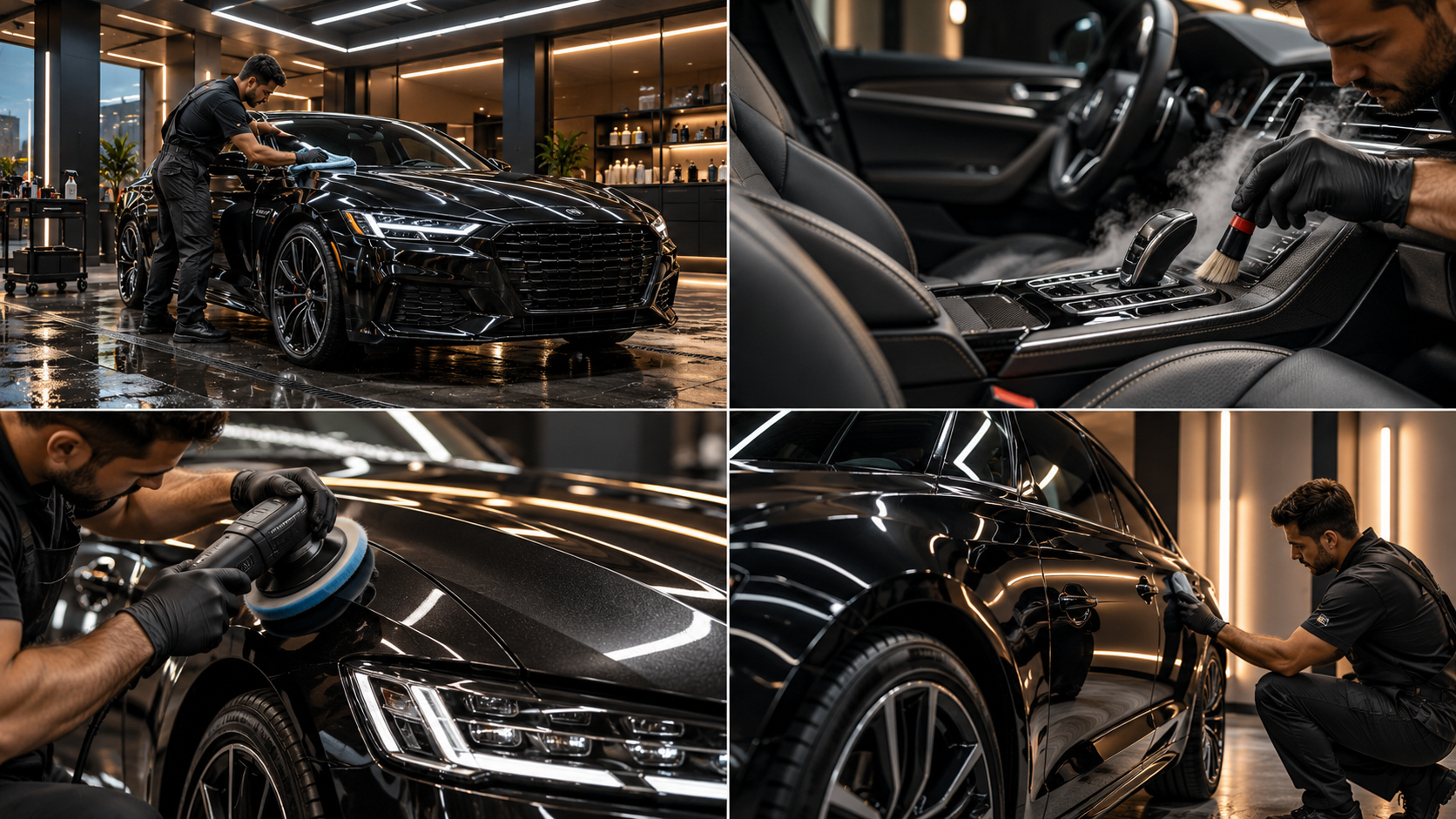 Premium black sedan receiving professional detailing inside a high-end automotive studio